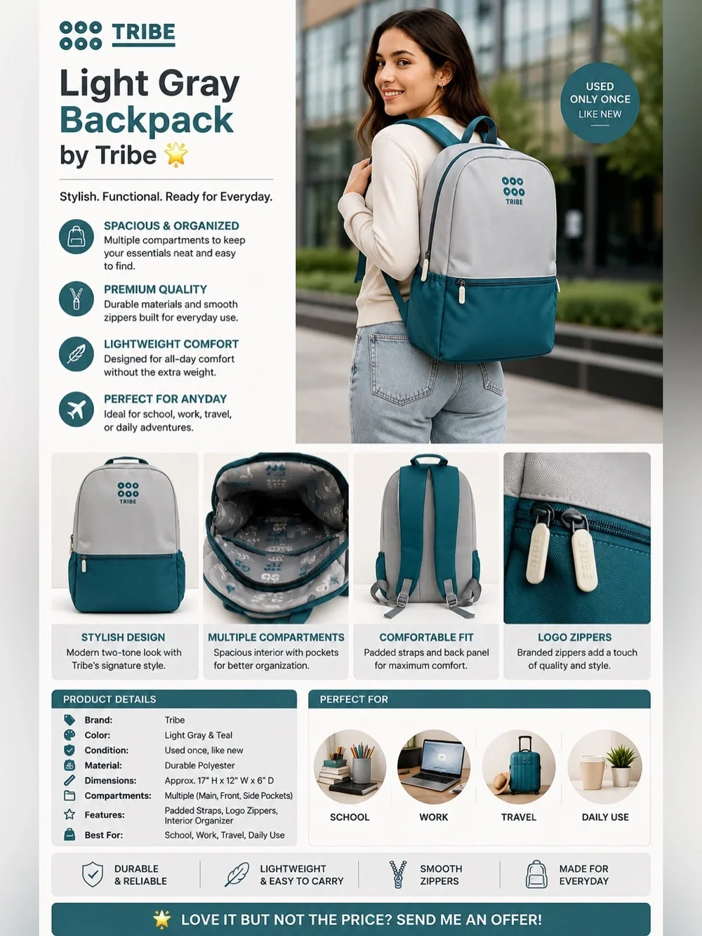 Light Gray Backpack by Tribe 🌟